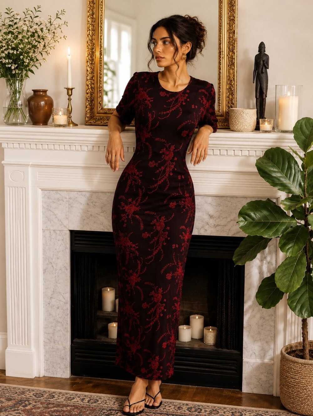 AGB Vintage 90s Red Floral Glitter Maxi Tshirt Dress Size 10 Stretch Slinky